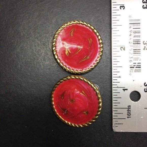 Retro Swirl Pierced Earrings Red Enamel Round Gold Rope Edge - Picture 4 of 4
